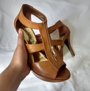 Tan Zippered Strappy Peep Toe High Heels